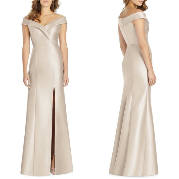 NEW D760 Alfred Sung CAMEO Portrait Collar SATIN Slit TRUMPET Bridesmaid GOWN 4 - Picture 1 of 12